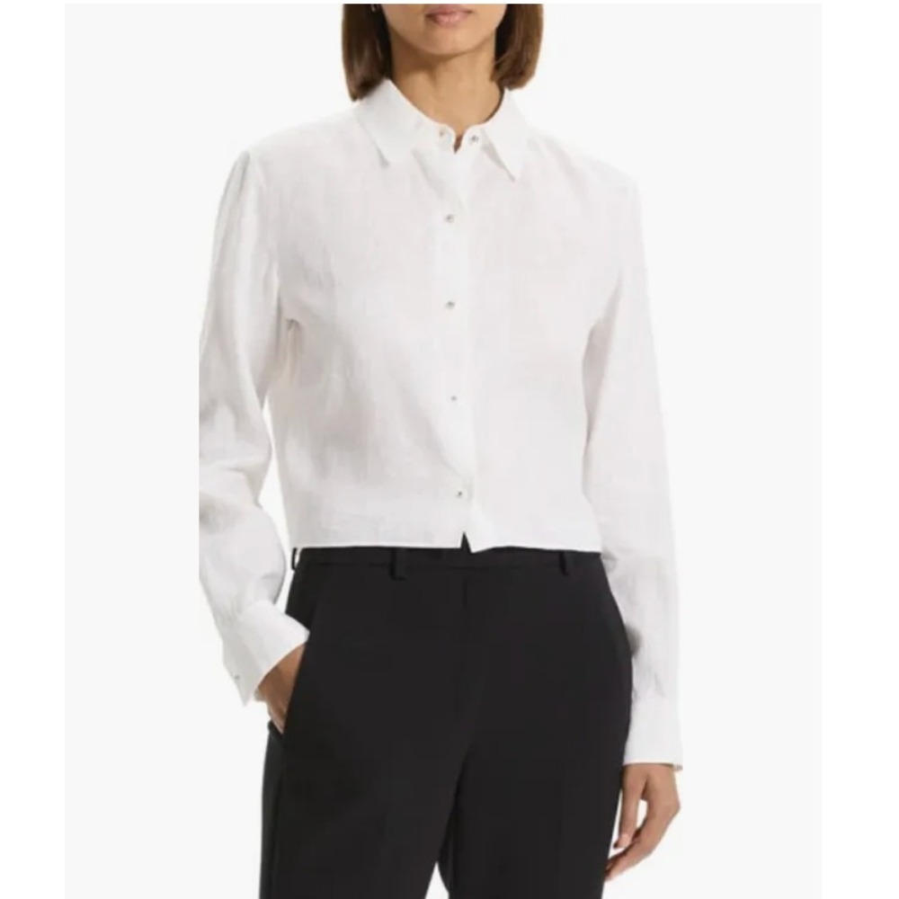 Theory Womens White Linen Cropped Button Down Shirt Silver Ball Buttons Size M